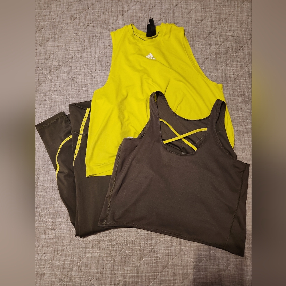 Adidas PRIMEGREEN 3 Piece Set Leggings Crop Sports Bra Shirt Large XL